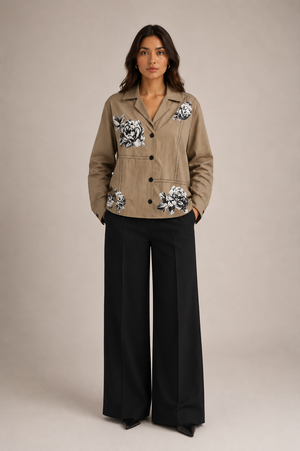 Model wearing The Khaki Bloom Women's Shirt styled for a smart casual daytime look.