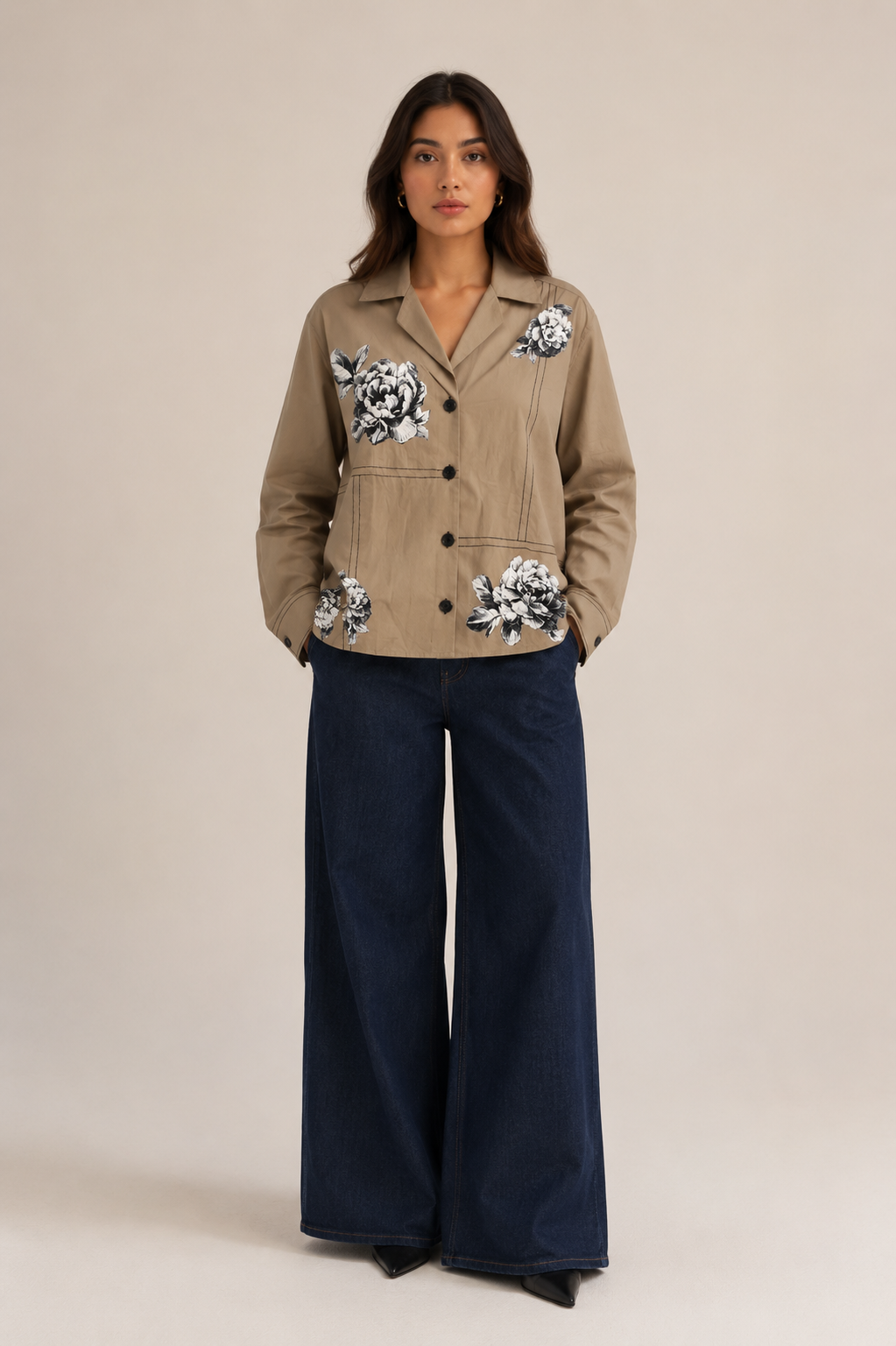Model wearing The Khaki Bloom Women's Shirt styled for a smart casual daytime look.