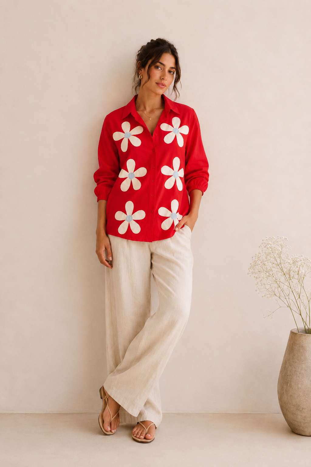 Model wearing The Daisy Women's Shirt styled for a smart casual daytime outfit.