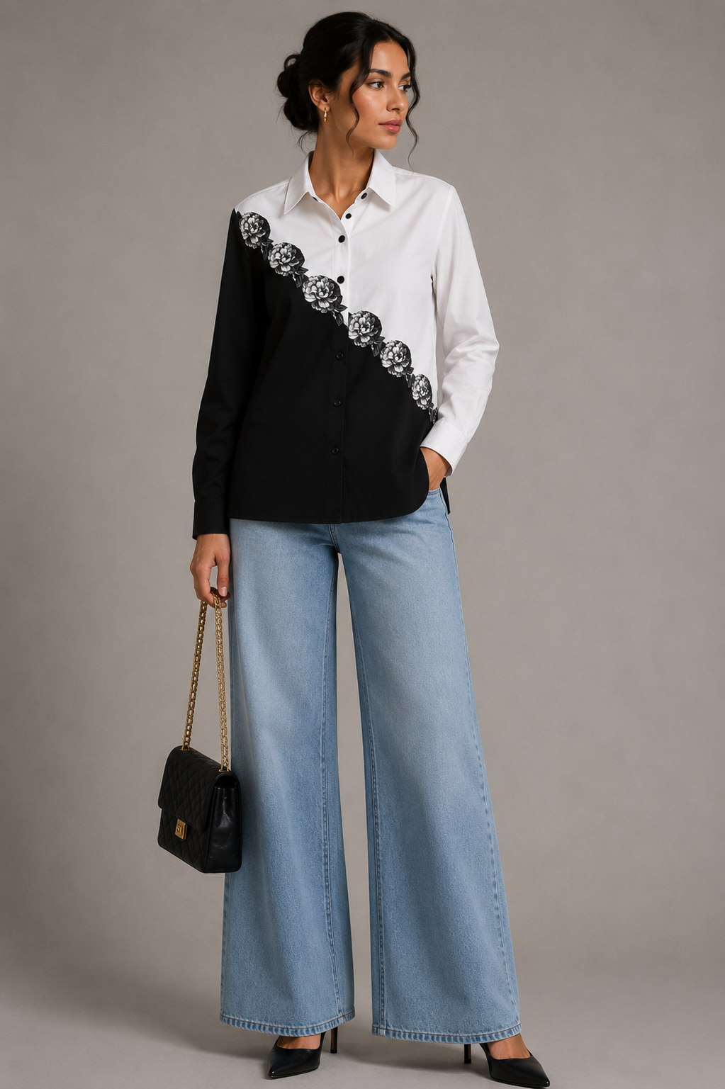 Two Tone Bloom Designer Cotton Shirt in black and white featuring handcrafted diagonal floral detailing.