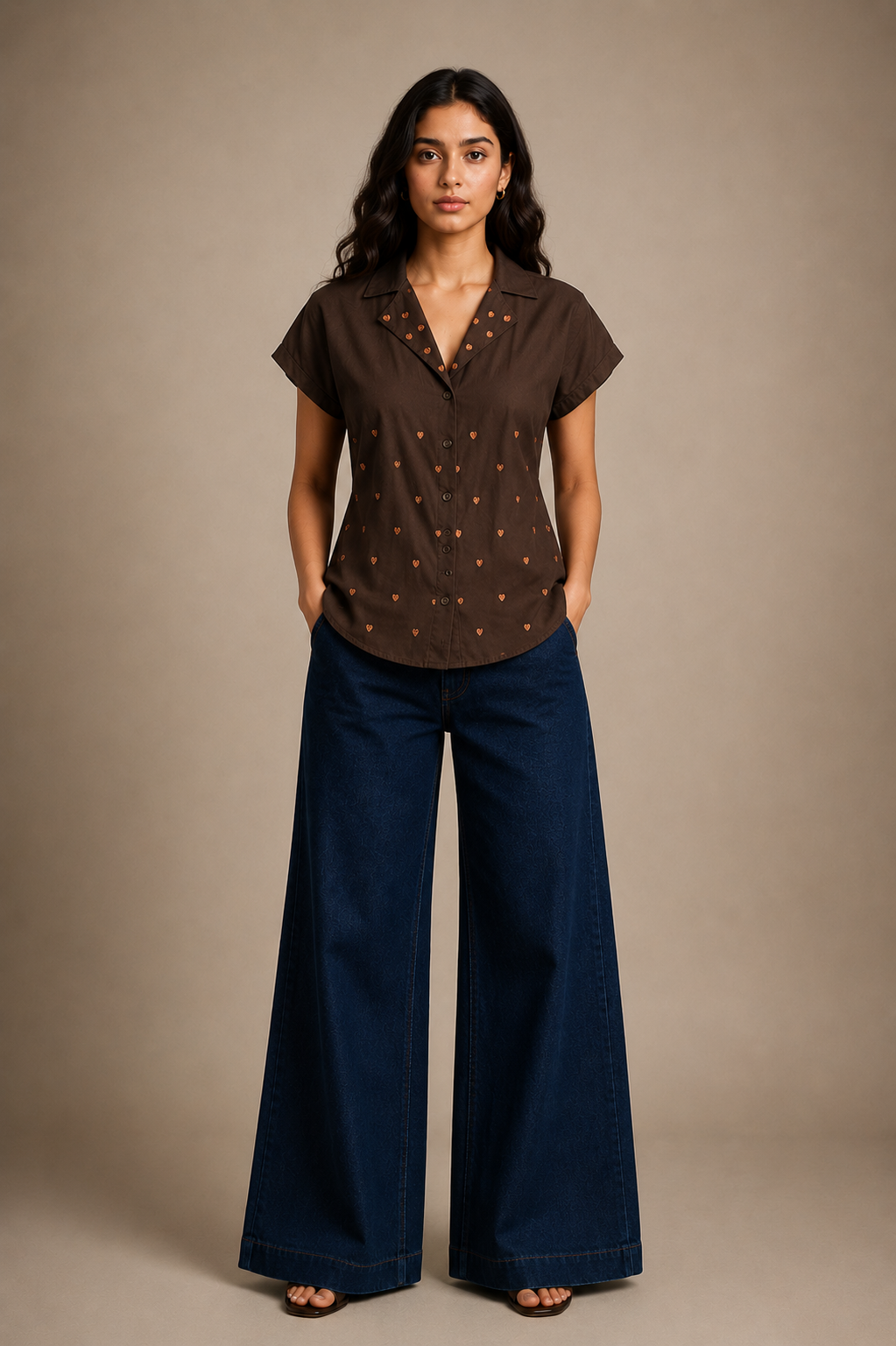 Model wearing The Mocha Heart Women's Shirt styled for a smart casual daytime outfit.