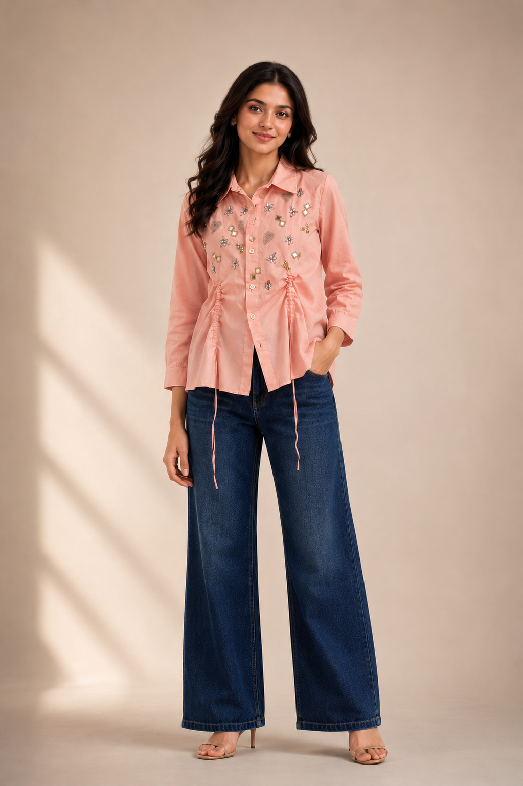 Peach Drawstring Designer Cotton Shirt in dusky pink featuring handcrafted embroidery and adjustable drawstrings.