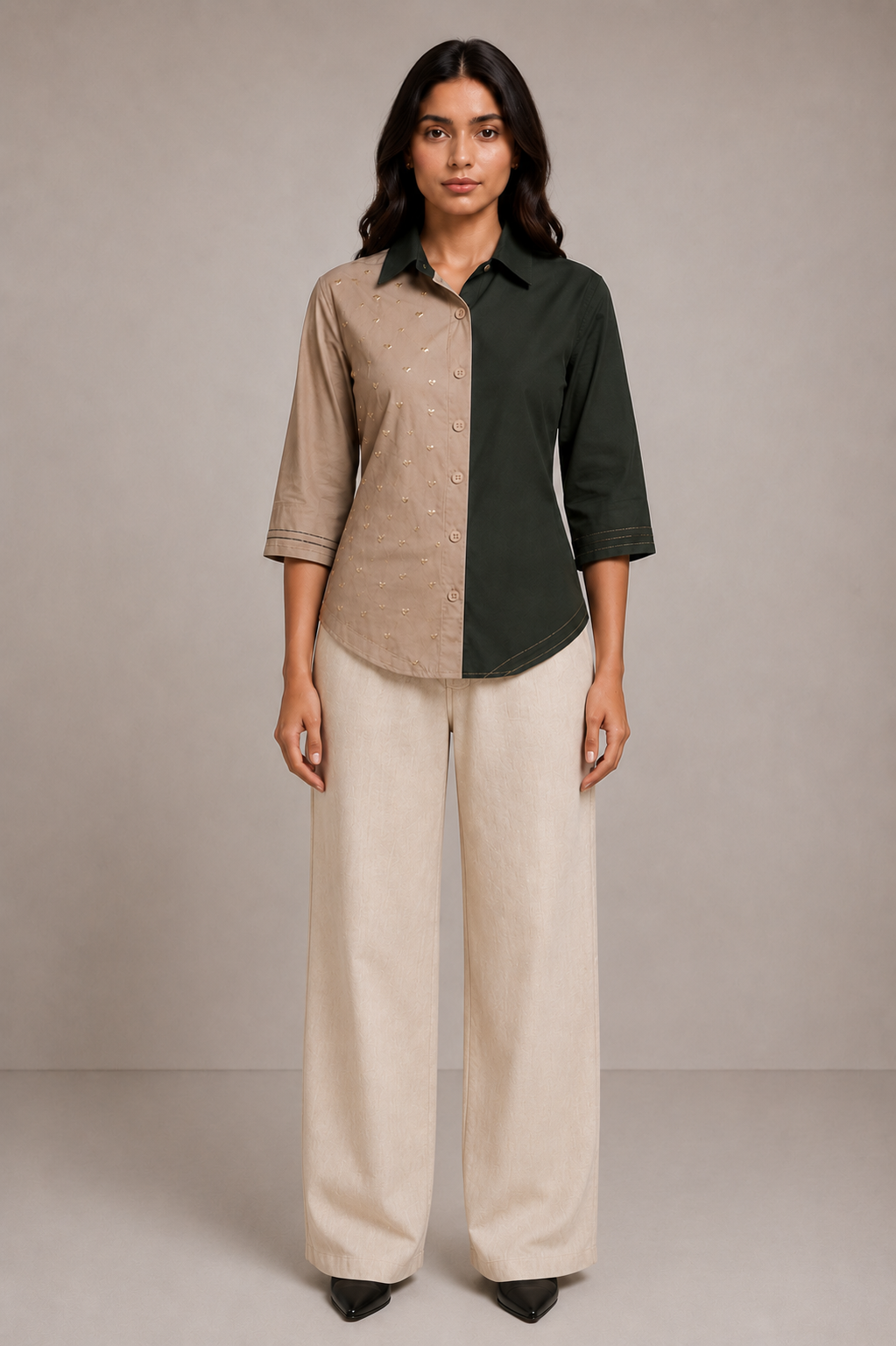 Two Tone Gold Heart Designer Cotton Shirt in khaki and green with handcrafted golden heart detailing.