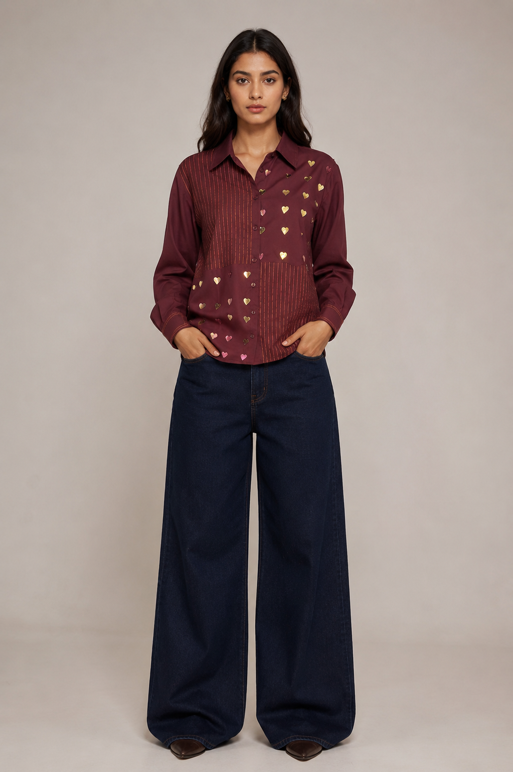 Model wearing the Wine Heart Women's Shirt styled with denim for a smart casual look.