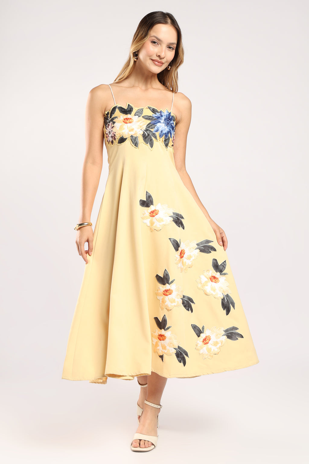 Front view of The Petal Pop Dress showing its flowy and comfortable silhouette in imported crepe.