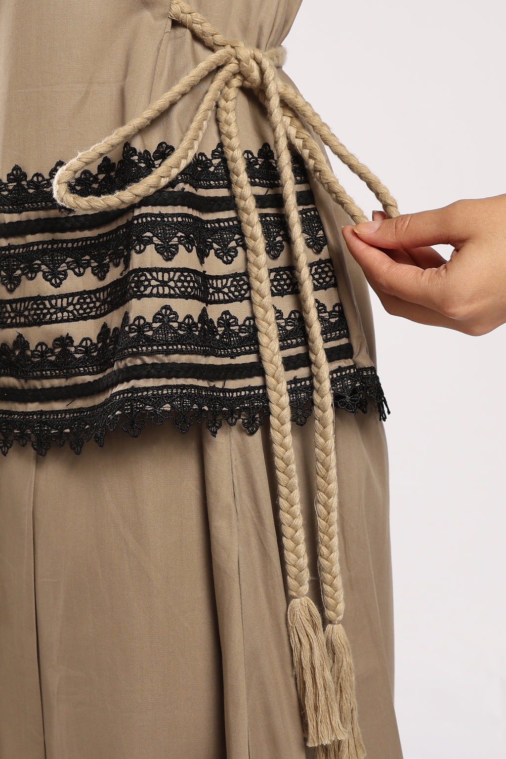 he Mia Khaki Women's Skirt Set featuring side tie-up details.