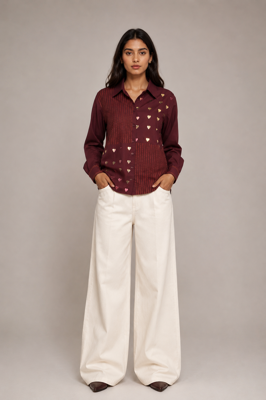 Model wearing the Wine Heart Women's Shirt styled with trousers for a smart casual look.