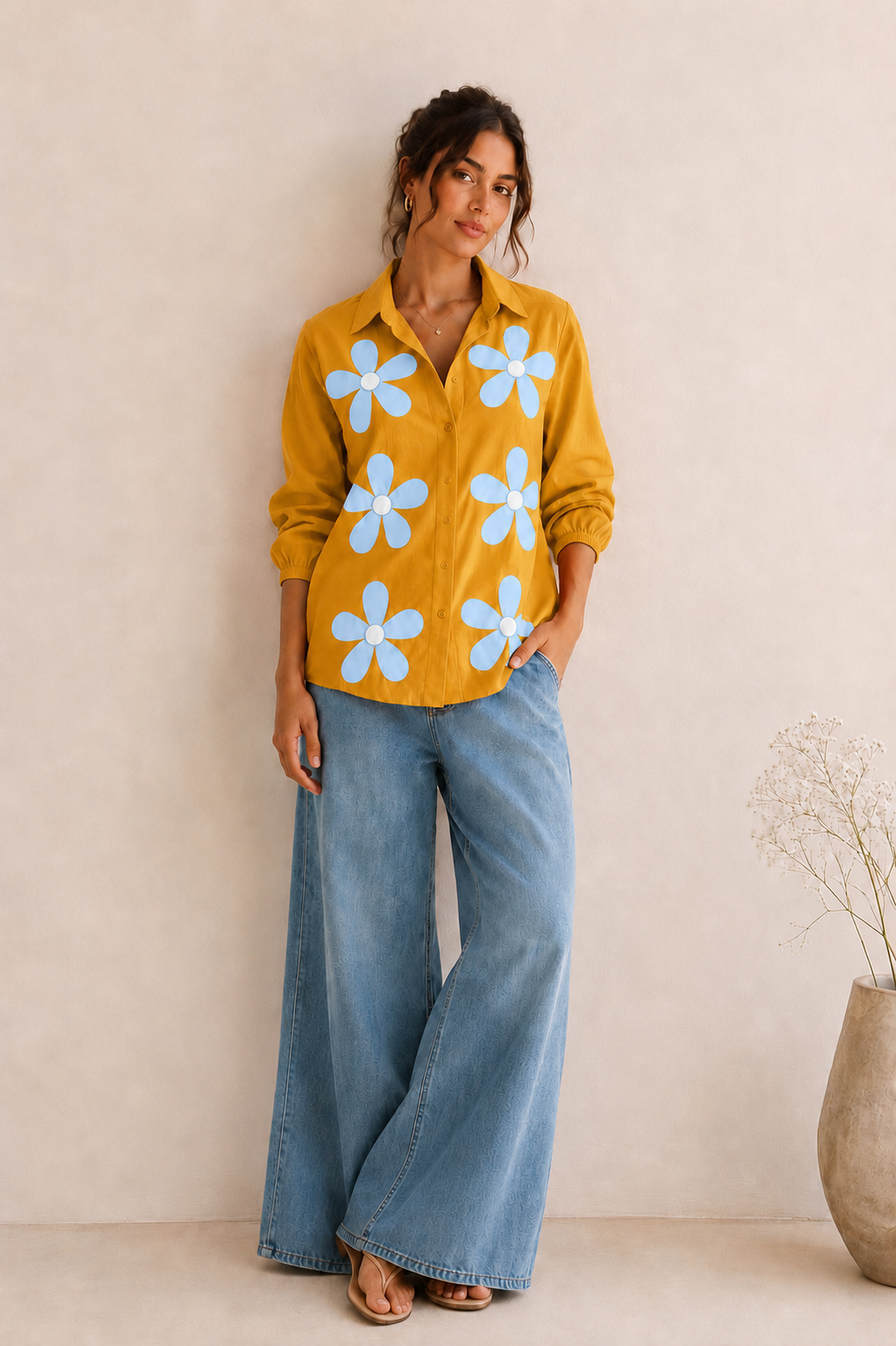 Model wearing The Daisy Women's Shirt styled for a smart casual daytime outfit.