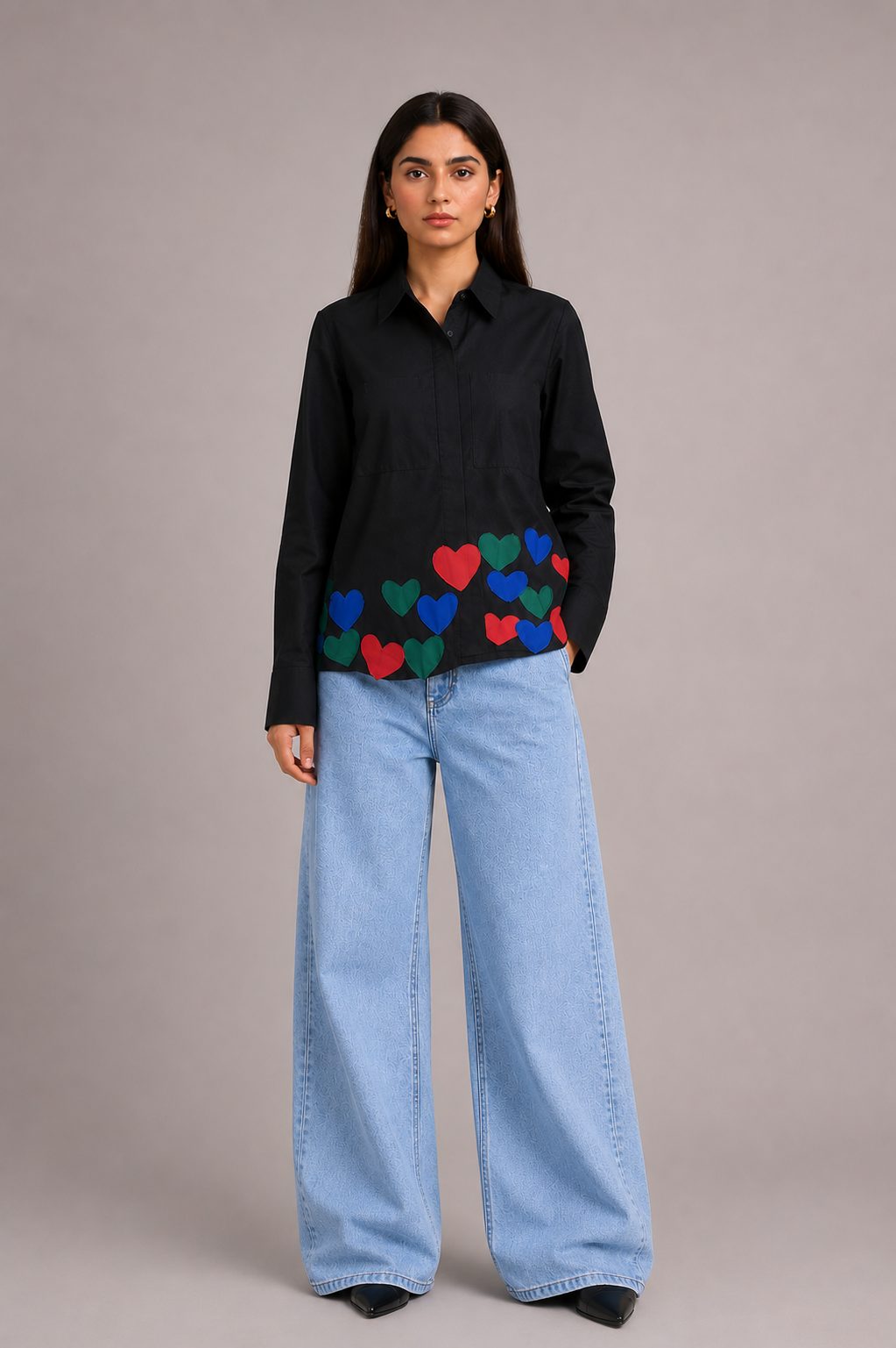 The Black Heart Premium Cotton Shirt featuring multicolour heart appliqué along the bottom hem.