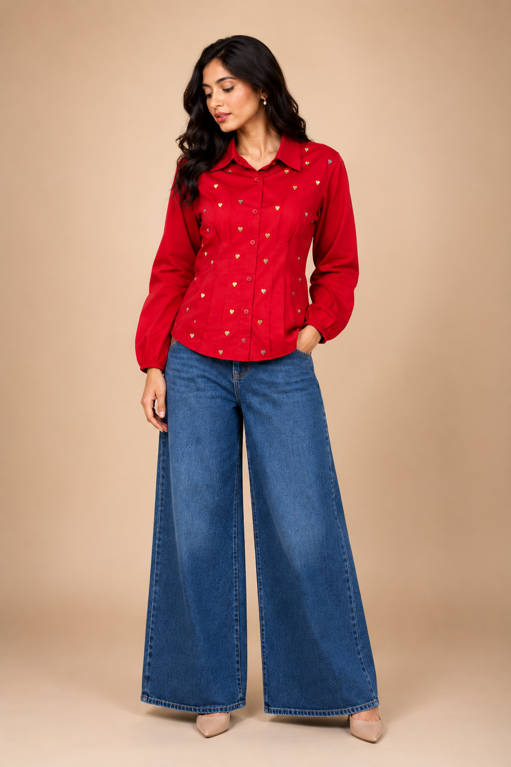 The Hourglass Designer Cotton Shirt in red featuring hand-embroidered heart motifs across the front.