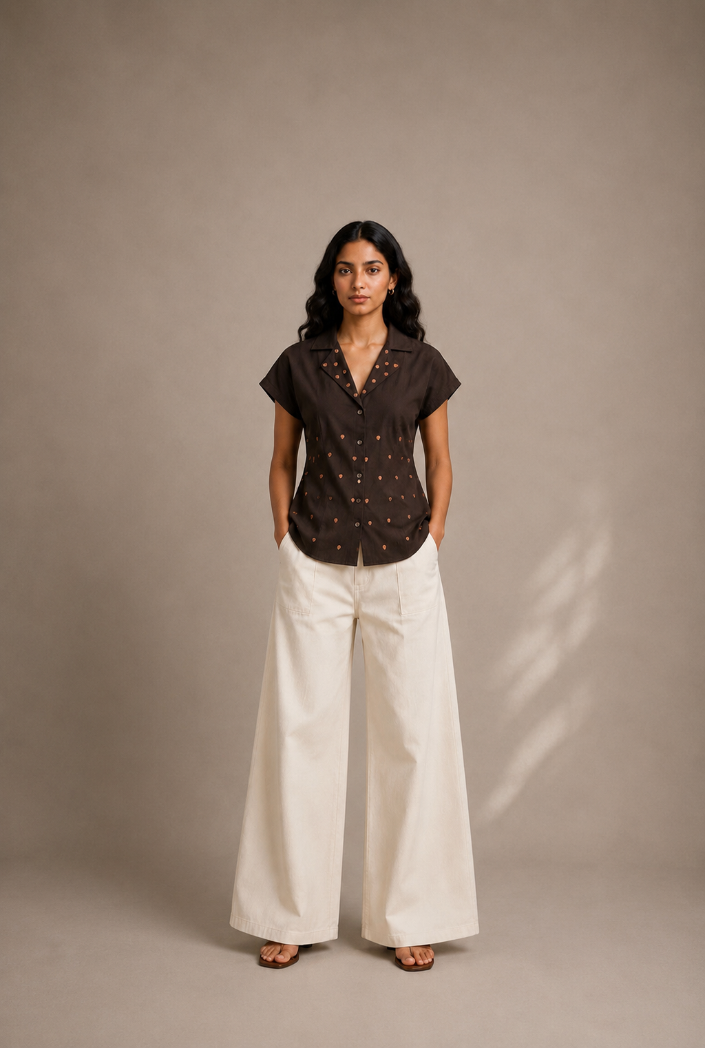 Model wearing The Mocha Heart Women's Shirt styled for a smart casual daytime outfit.