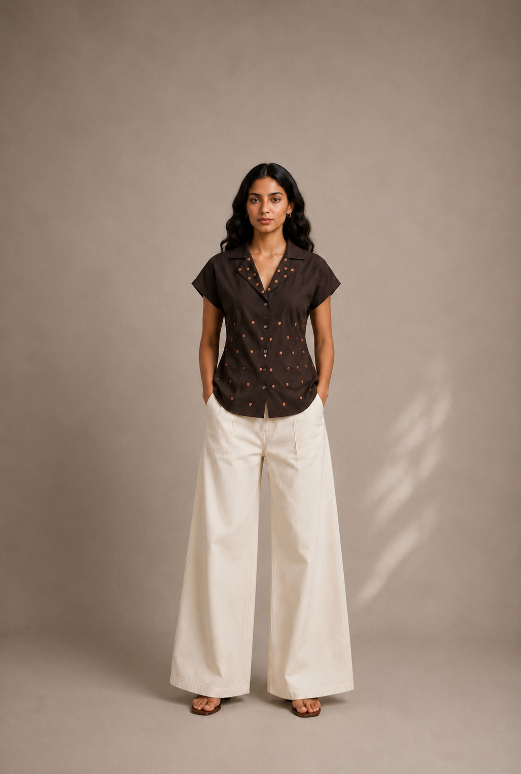 Model wearing The Mocha Heart Women's Shirt styled for a smart casual daytime outfit.