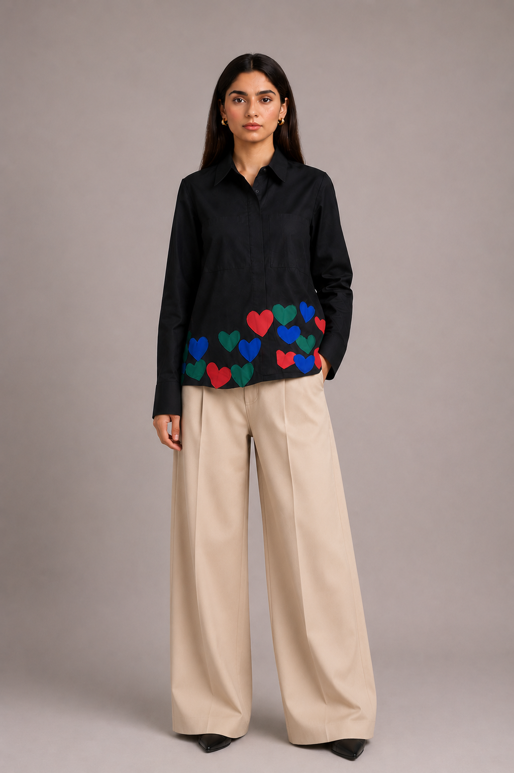 The Black Heart Premium Cotton Shirt featuring multicolour heart appliqué along the bottom hem.