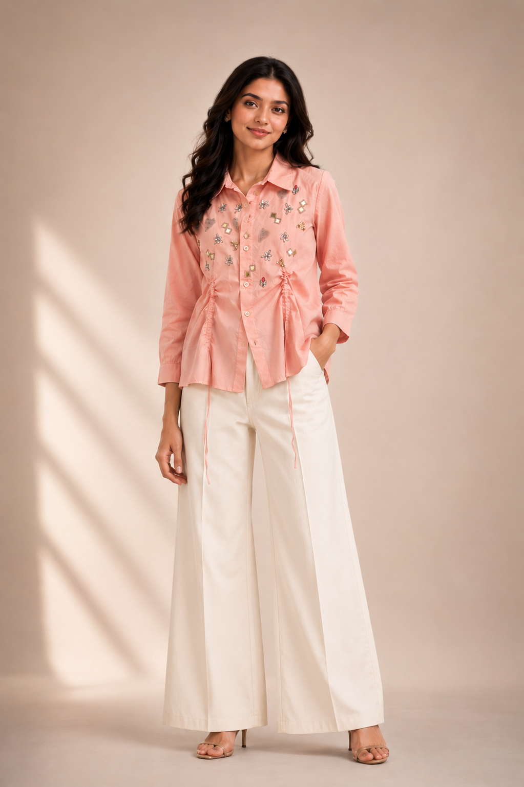 Peach Drawstring Designer Cotton Shirt in dusky pink featuring handcrafted embroidery and adjustable drawstrings.