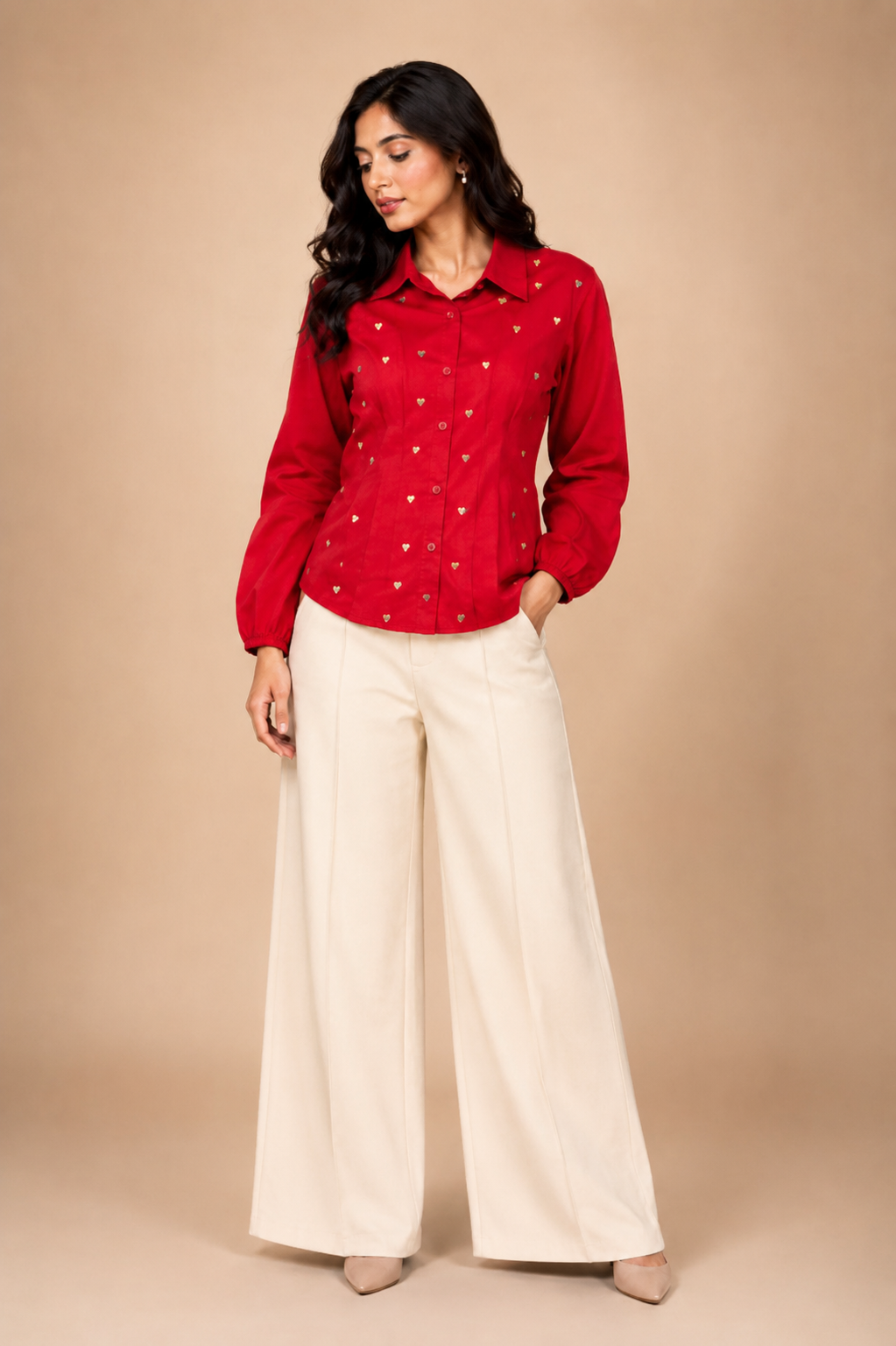 The Hourglass Designer Cotton Shirt in red featuring hand-embroidered heart motifs across the front.