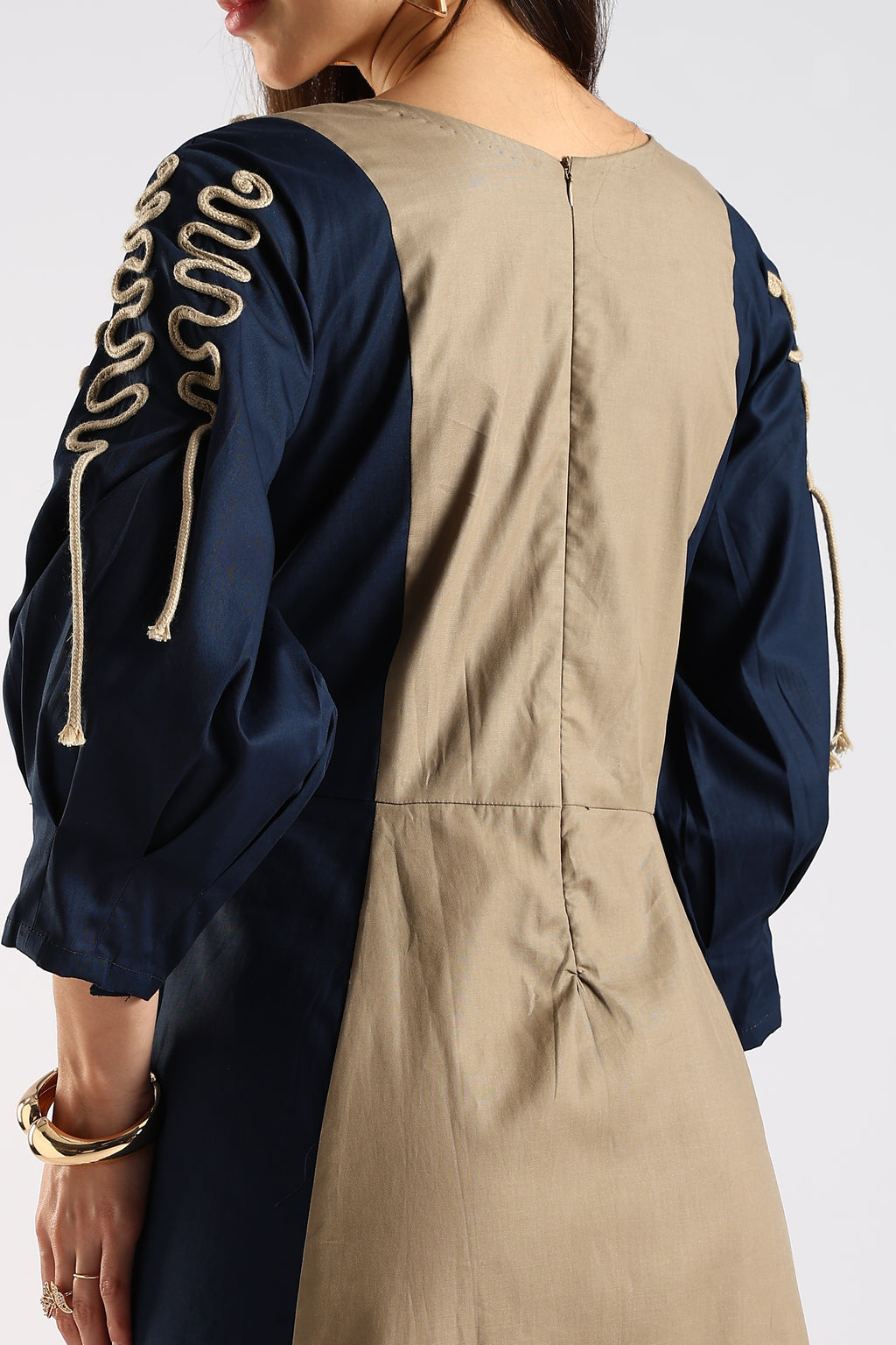 Navy Blue & Khaki Women's Colour Block Dress showing the contrasting panels and back zip closure.