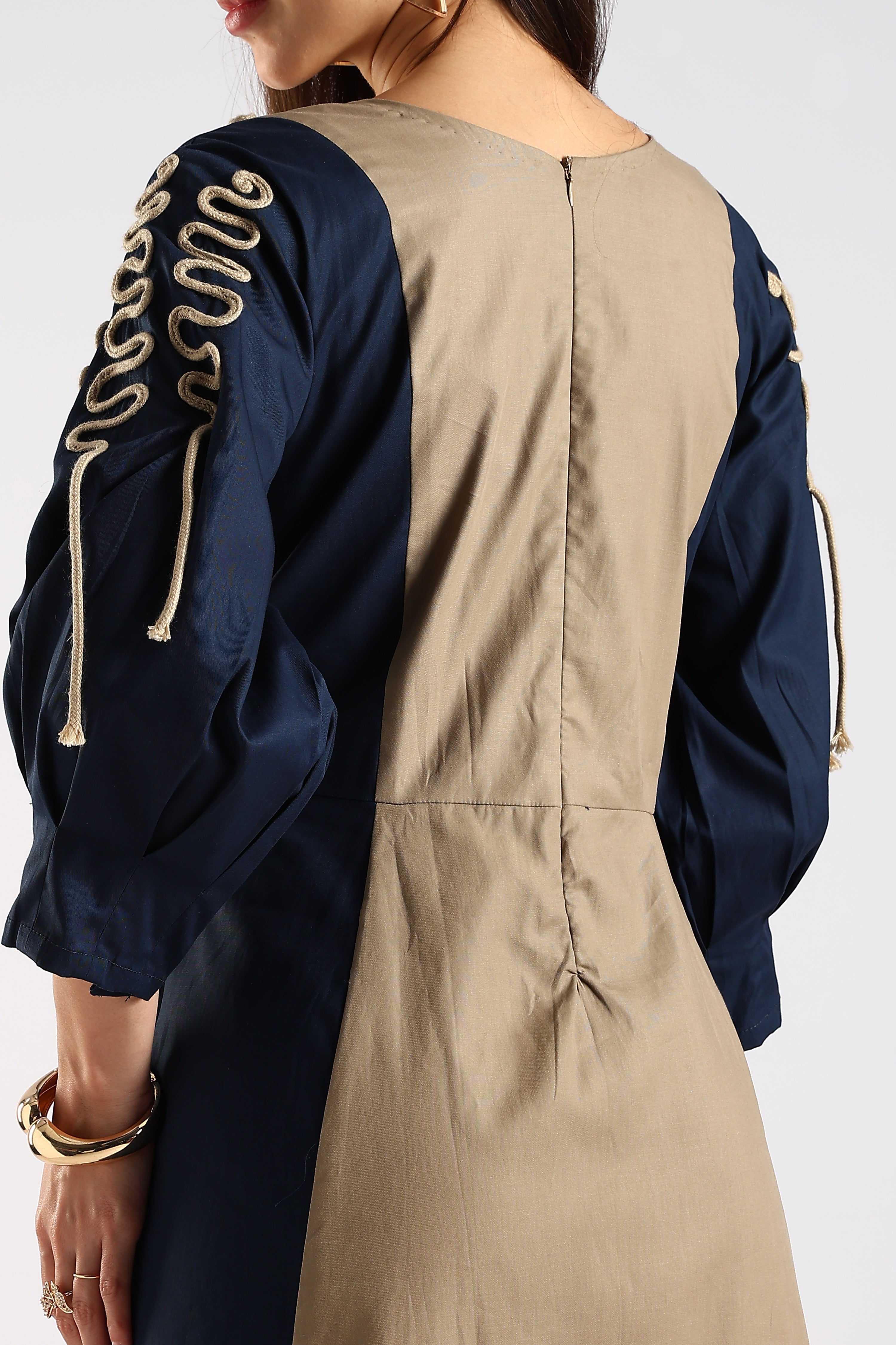Navy Blue & Khaki Women's Colour Block Dress showing the contrasting panels and back zip closure.