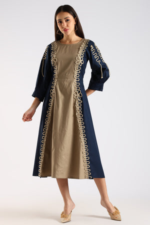 Front view of the Navy Blue & Khaki Women's Colour Block Dress showing its structured silhouette.
