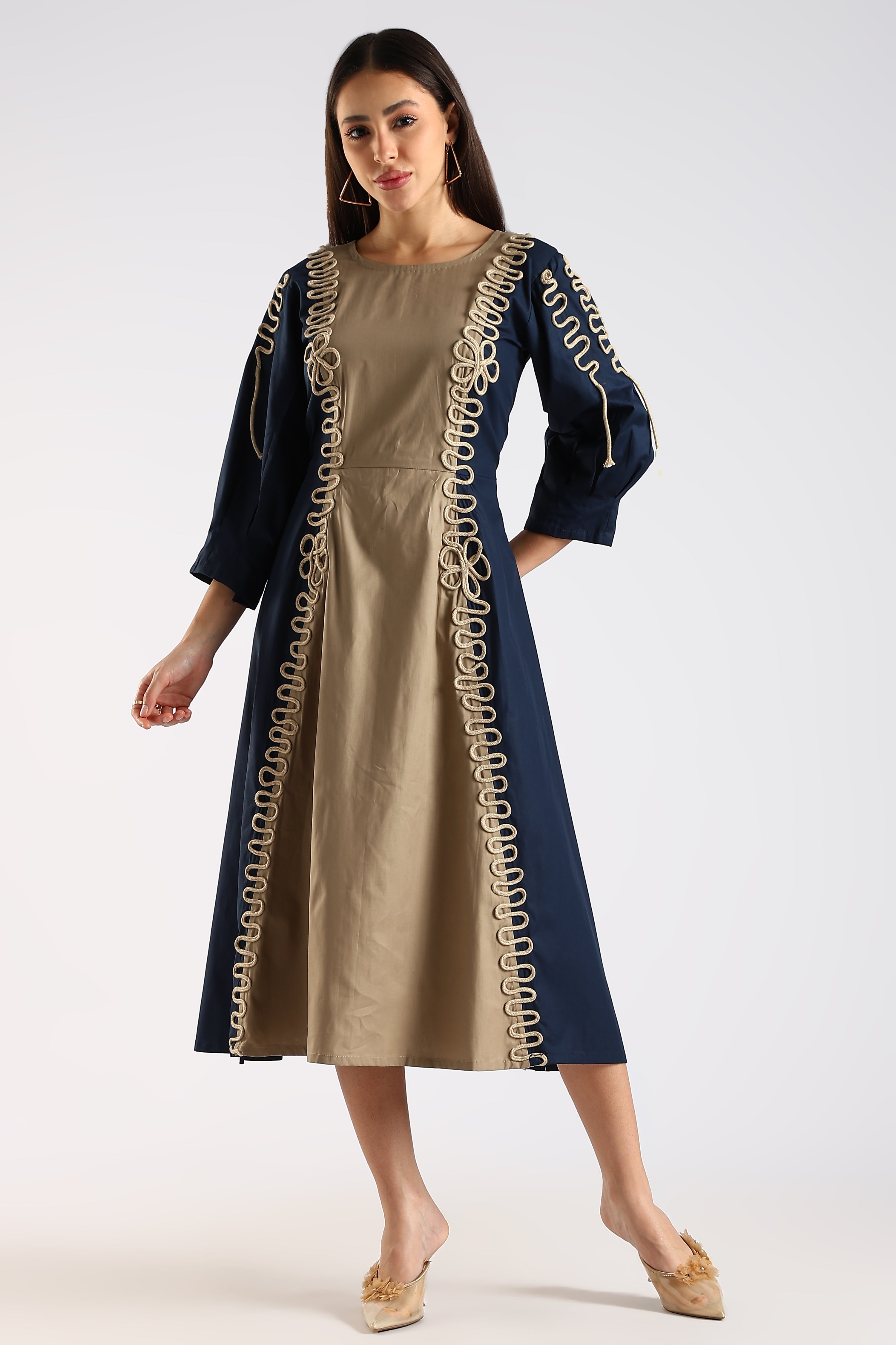 Front view of the Navy Blue & Khaki Women's Colour Block Dress showing its structured silhouette.