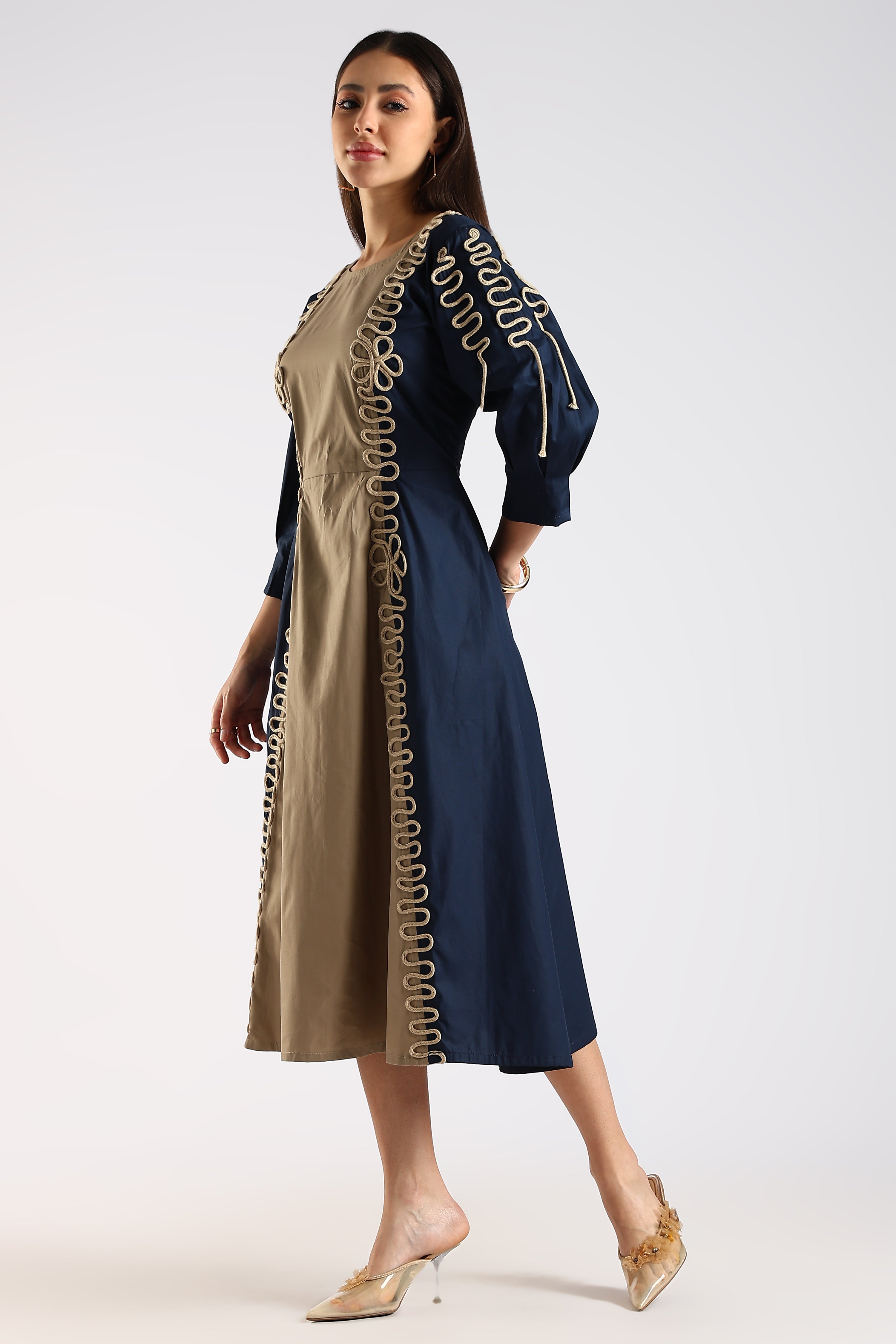 Side view of the Navy Blue & Khaki Women's Colour Block Dress showing its structured silhouette.