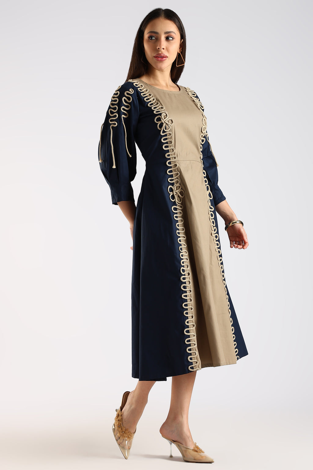 Side view of the Navy Blue & Khaki Women's Colour Block Dress showing its structured silhouette.