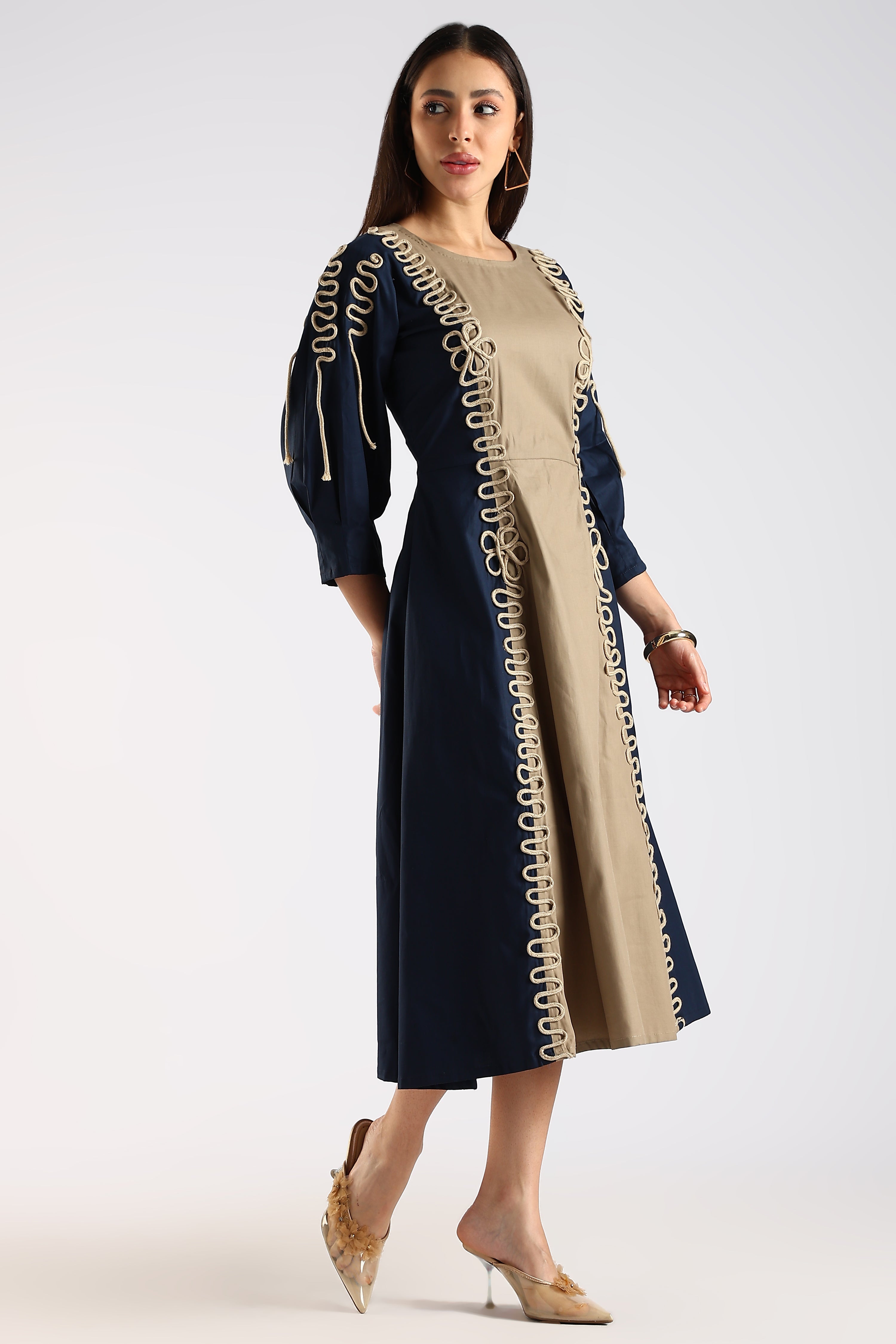 Side view of the Navy Blue & Khaki Women's Colour Block Dress showing its structured silhouette.