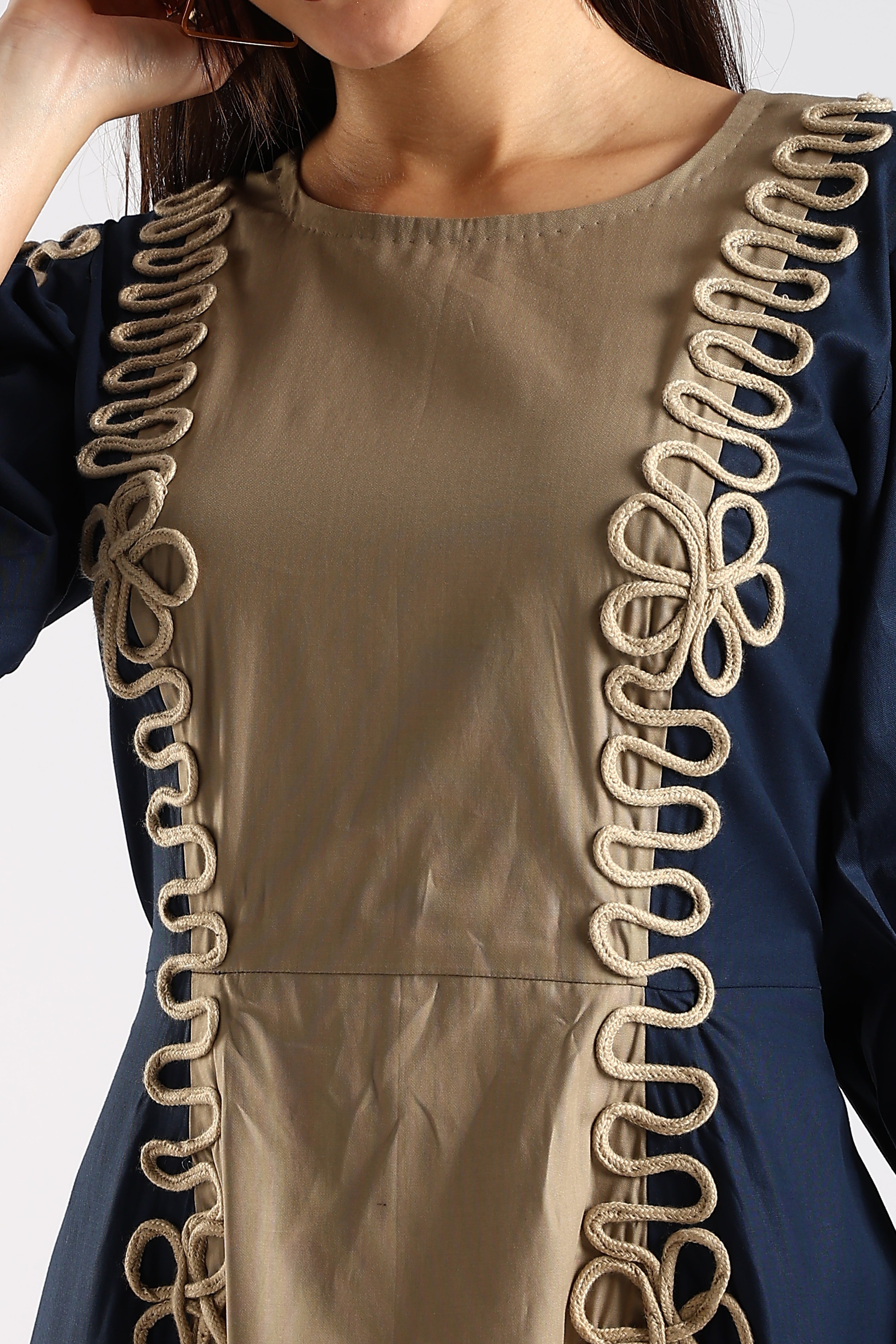 Navy Blue & Khaki Women's Colour Block Dress featuring handcrafted thread detailing.