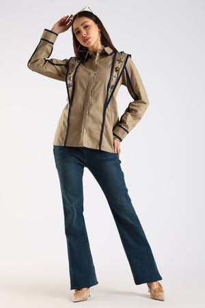 The Khaki Handwork Women's Shirt in premium cotton featuring handcrafted detailing on the designer flaps.