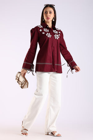 The Wine Leather Flower Women's Shirt in premium cotton featuring handcrafted leather flower detailing.