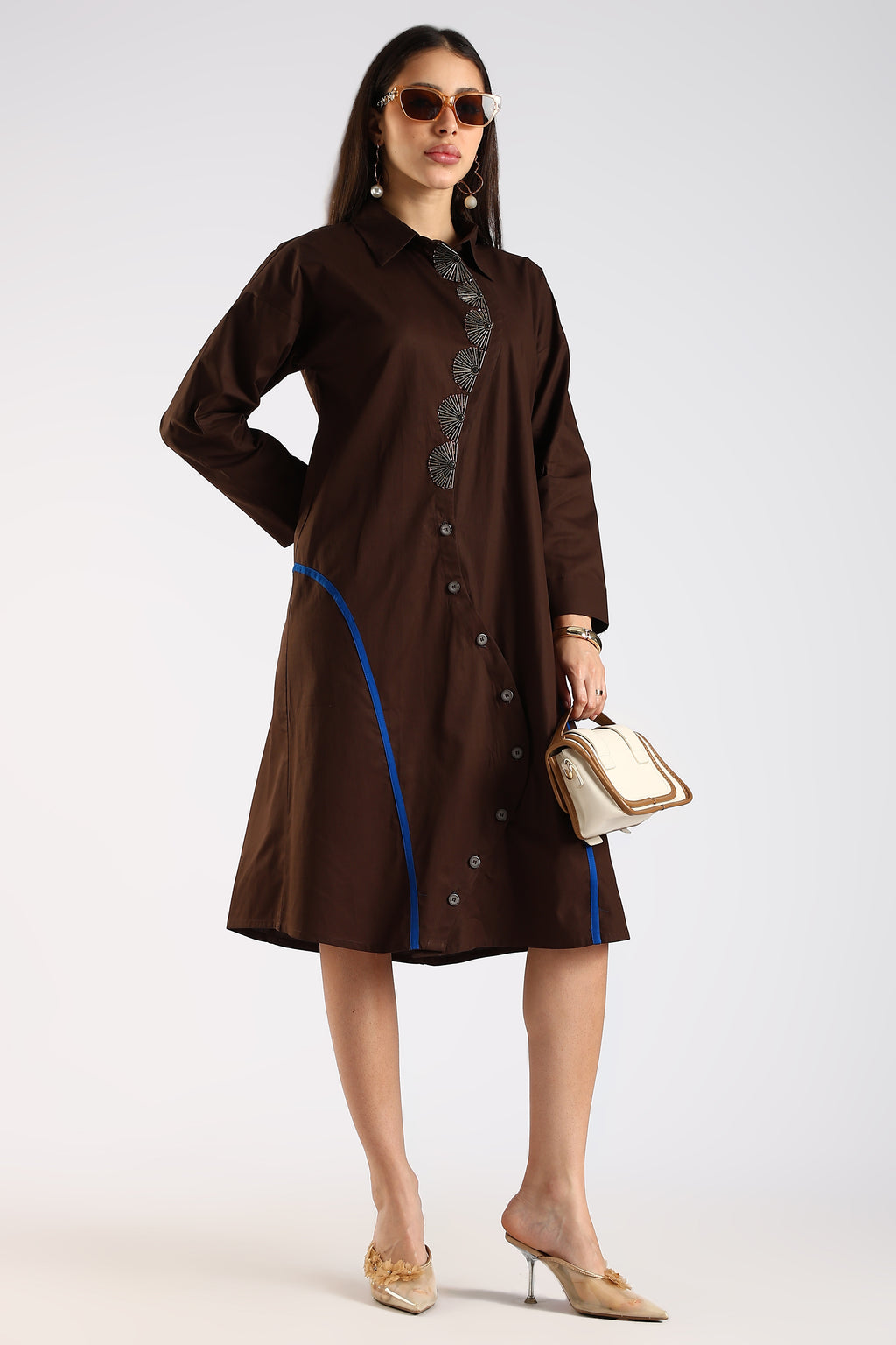 Mocha Women's Shirt Dress featuring handcrafted asymmetric detailing.