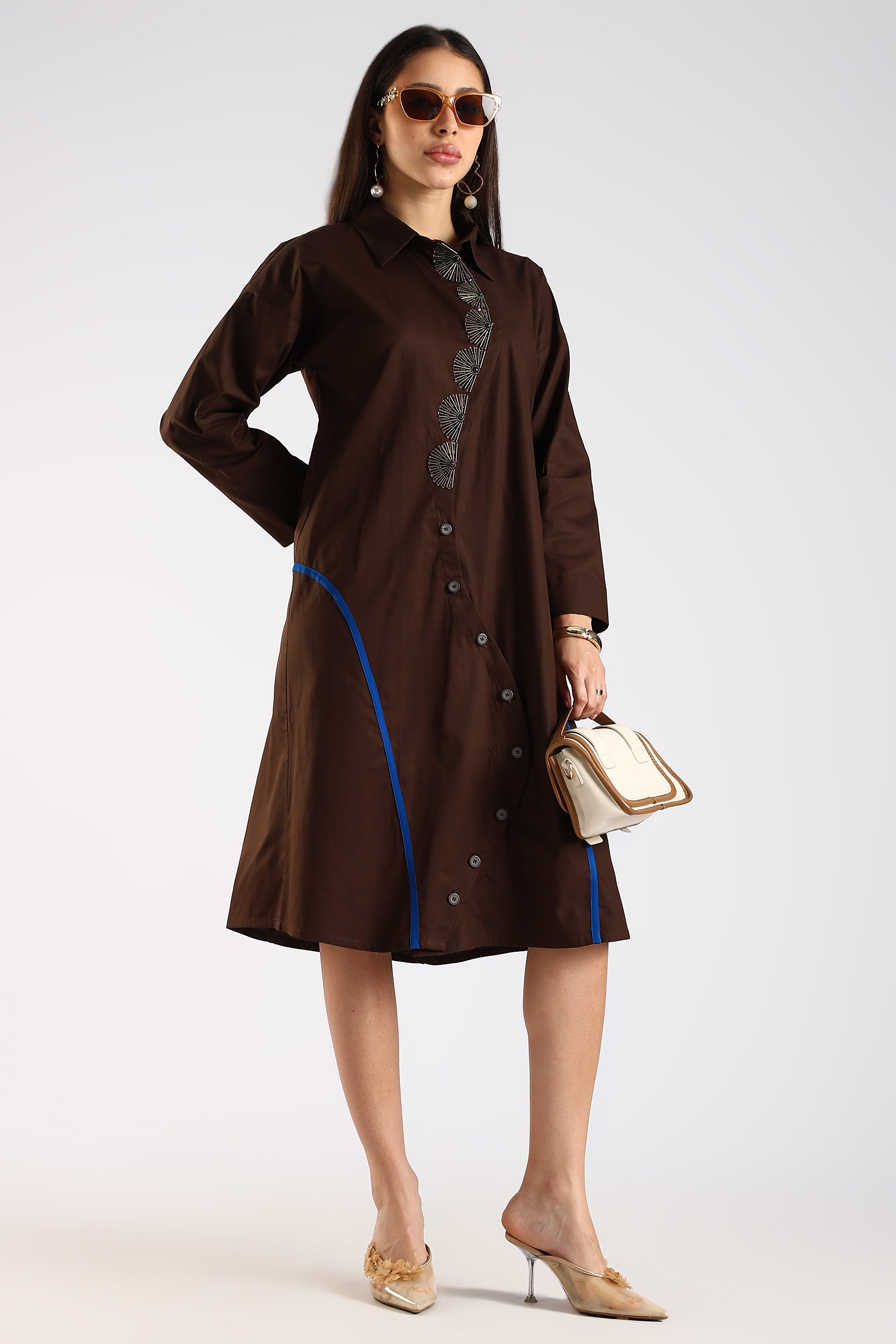 Mocha Women's Shirt Dress featuring handcrafted asymmetric detailing.