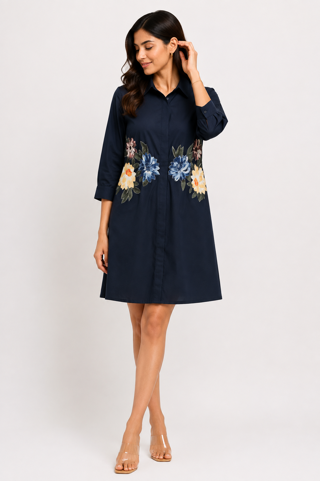 Front view of The Bloom Navy Blue Shirt Dress showing its comfortable A-line silhouette.