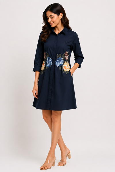 Front view of The Bloom Navy Blue Shirt Dress showing its comfortable A-line silhouette.