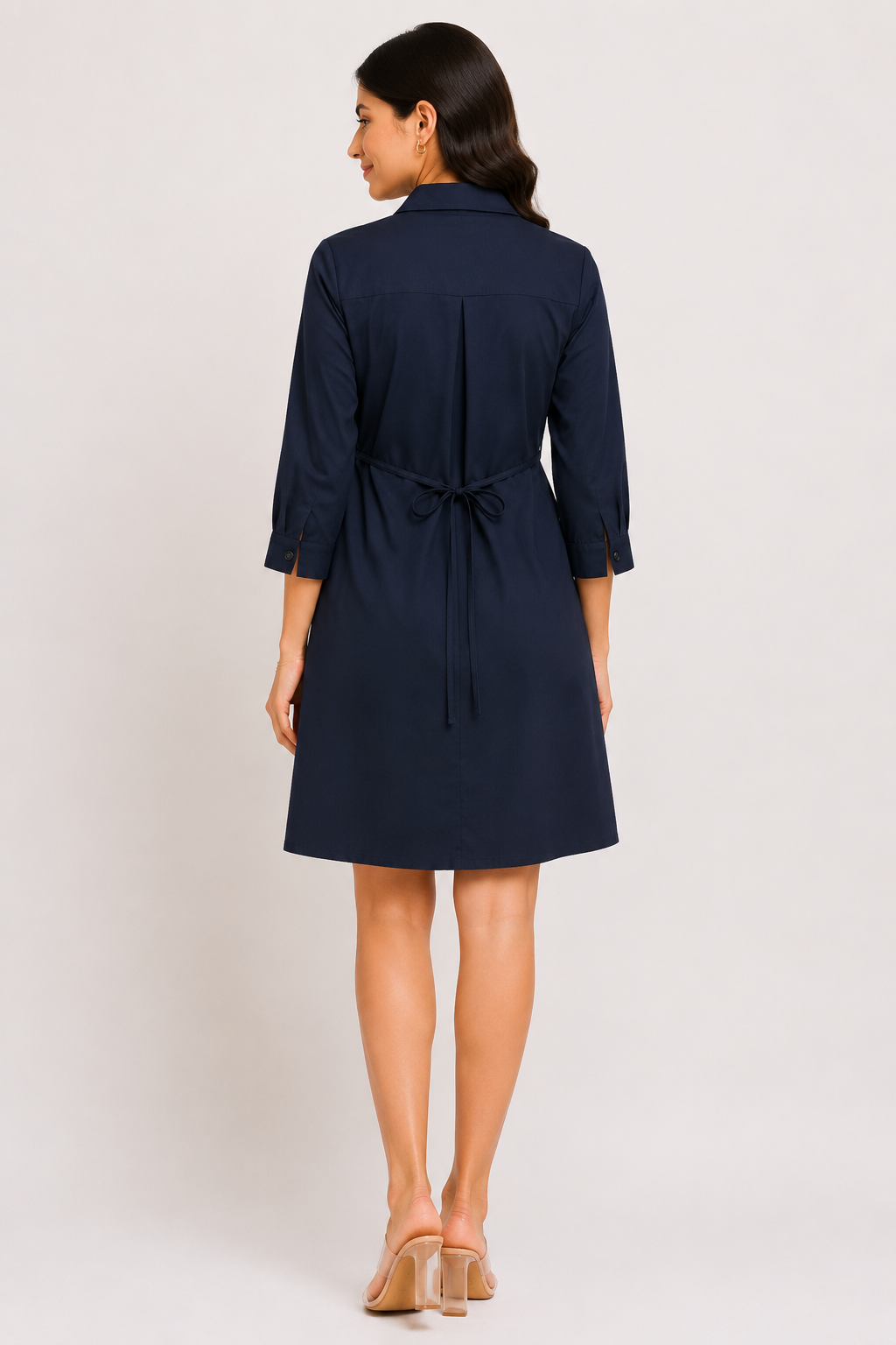 Back view of The Bloom Navy Blue Shirt Dress showing the adjustable waist tie-up.
