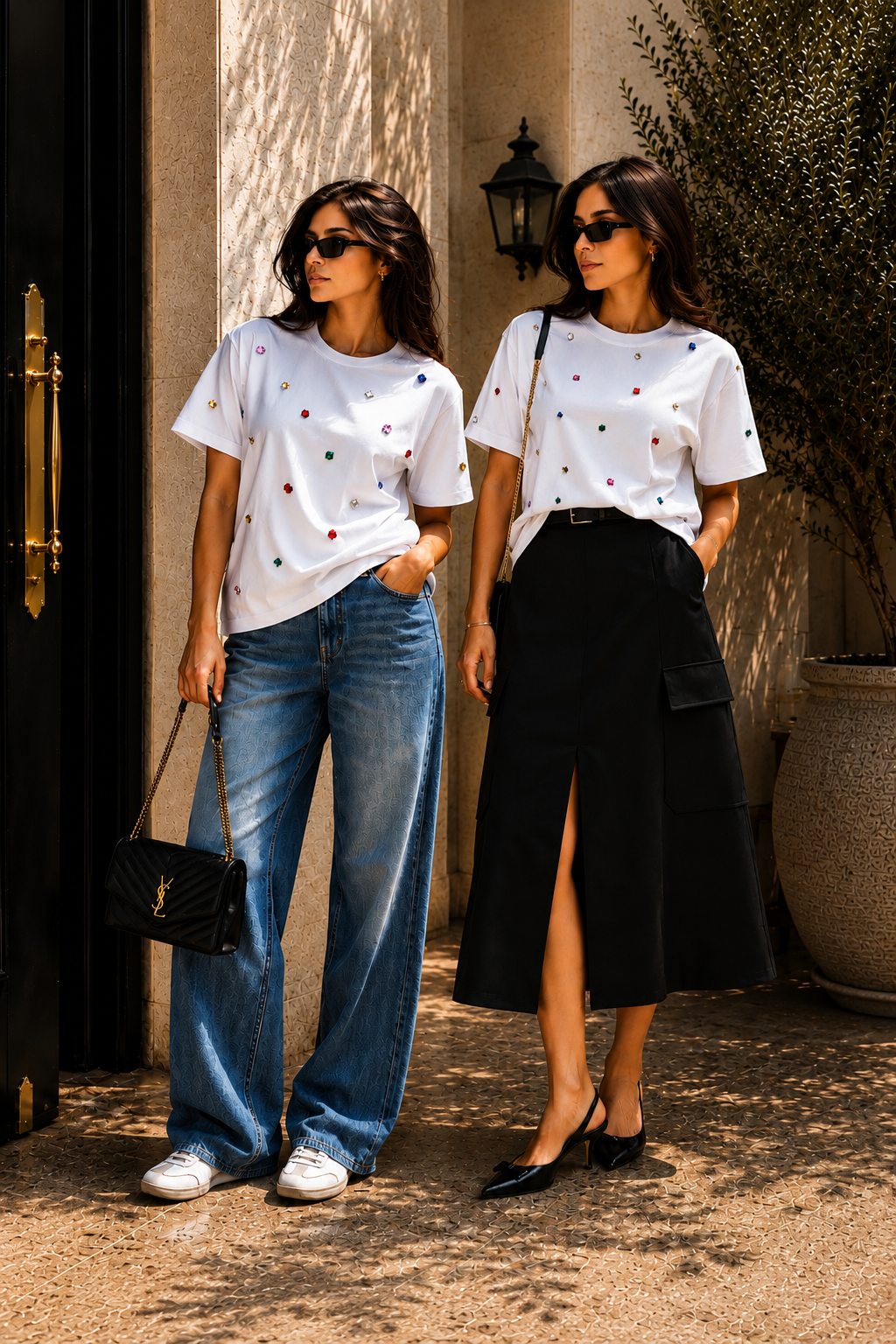 Model wearing The Studded Women's T-Shirt in white styled for an elevated everyday look.