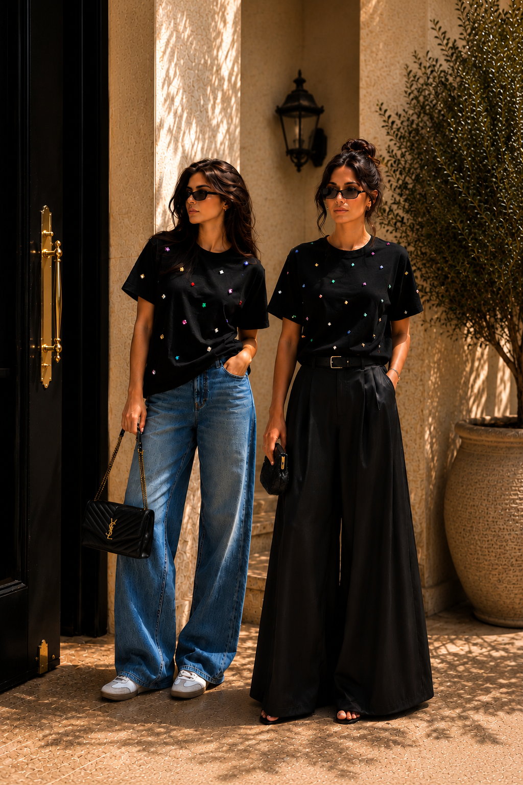 Model wearing The Studded Women's T-Shirt in black styled for an elevated everyday look.