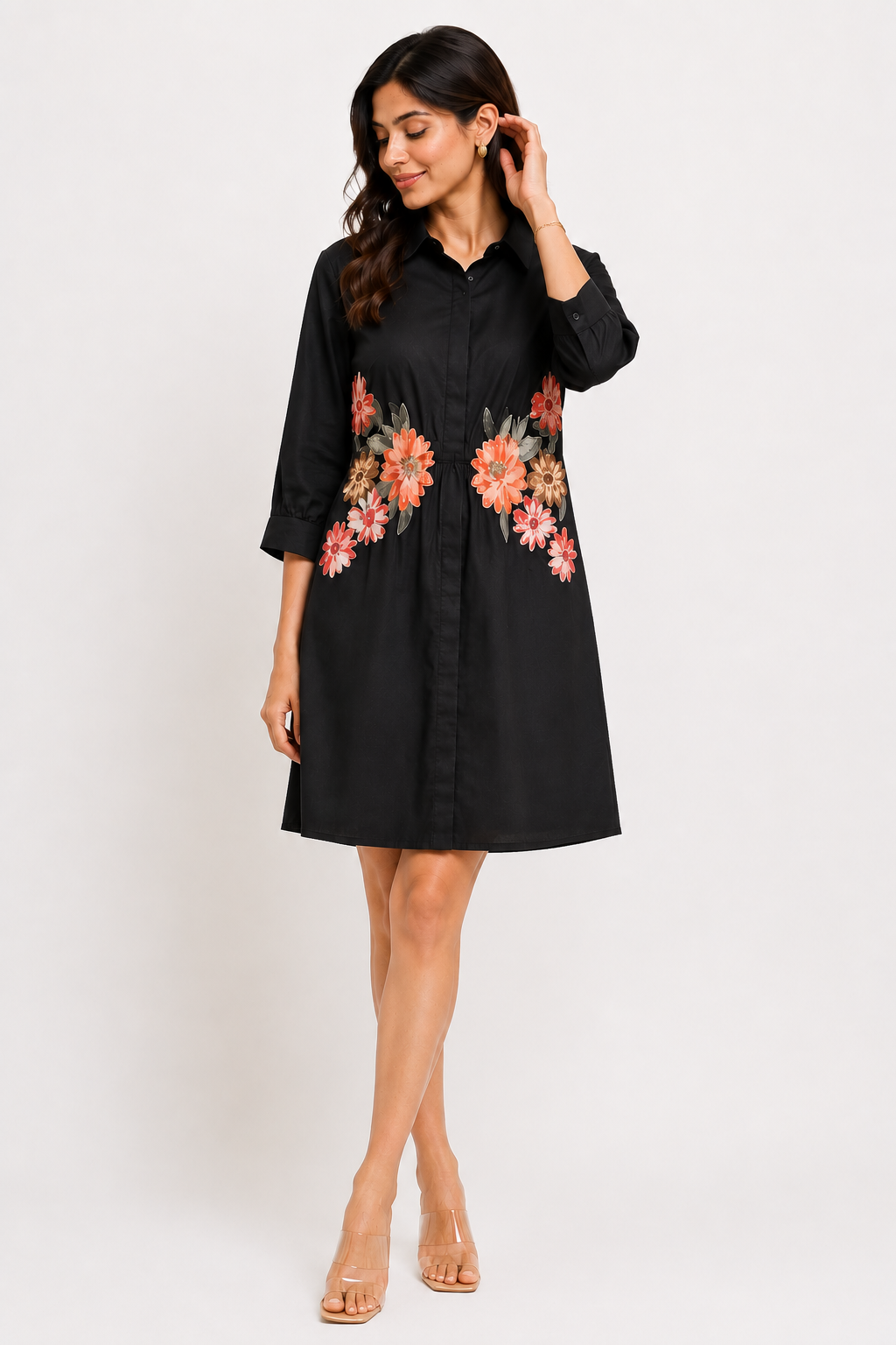 Front view of The Bloom Black Shirt Dress showing its comfortable A-line silhouette.