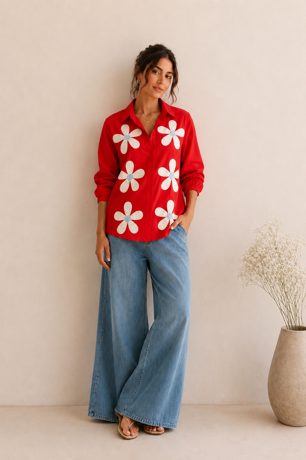 Model wearing The Daisy Women's Shirt styled for a smart casual daytime outfit.