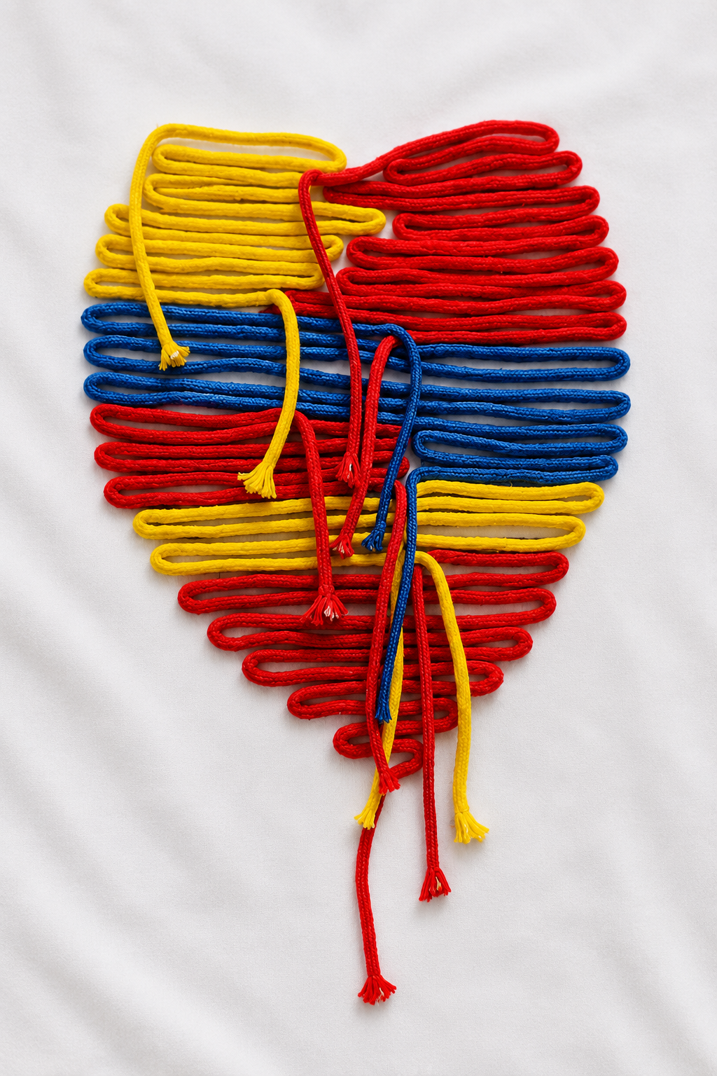 Close-up of the Heartbeat Women's T-Shirt showcasing the handcrafted multicolour cord design on white French Terry fabric.