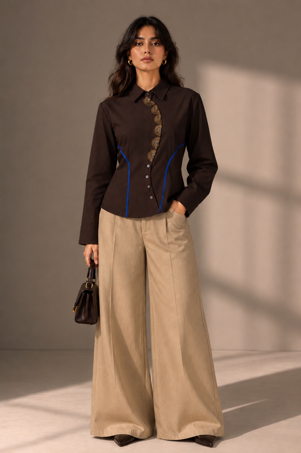 Model wearing The Mocha Scallop Women's Shirt styled for a smart casual outfit.