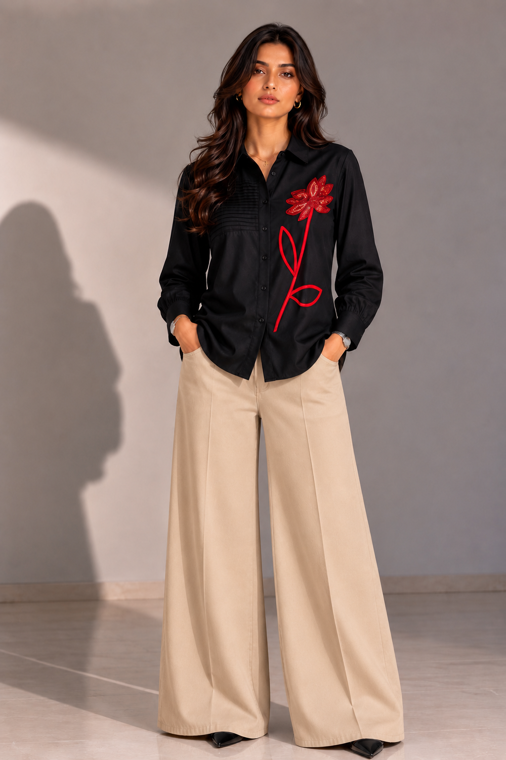 Model wearing The Grace Women's Shirt styled for a smart casual and evening look.