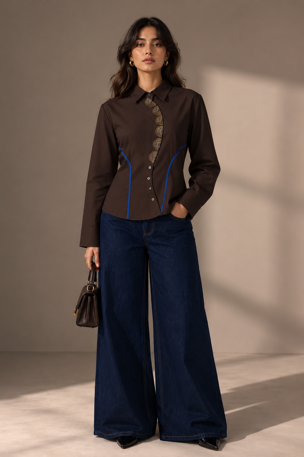 Model wearing The Mocha Scallop Women's Shirt styled for a smart casual outfit.