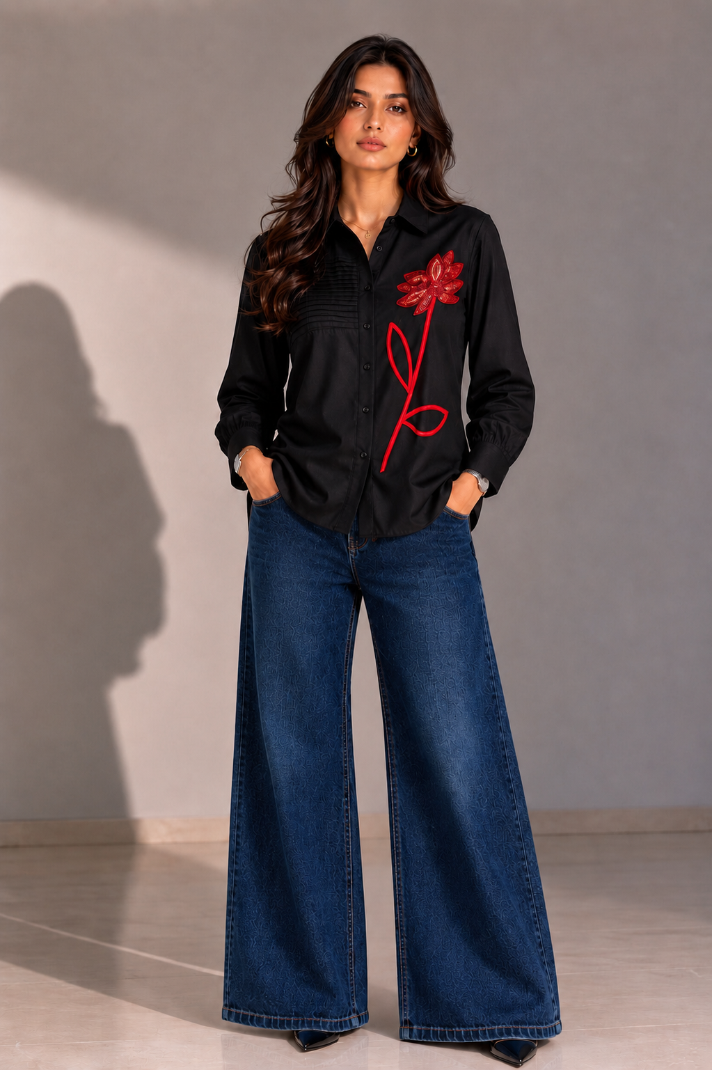 Model wearing The Grace Women's Shirt styled for a smart casual and evening look.