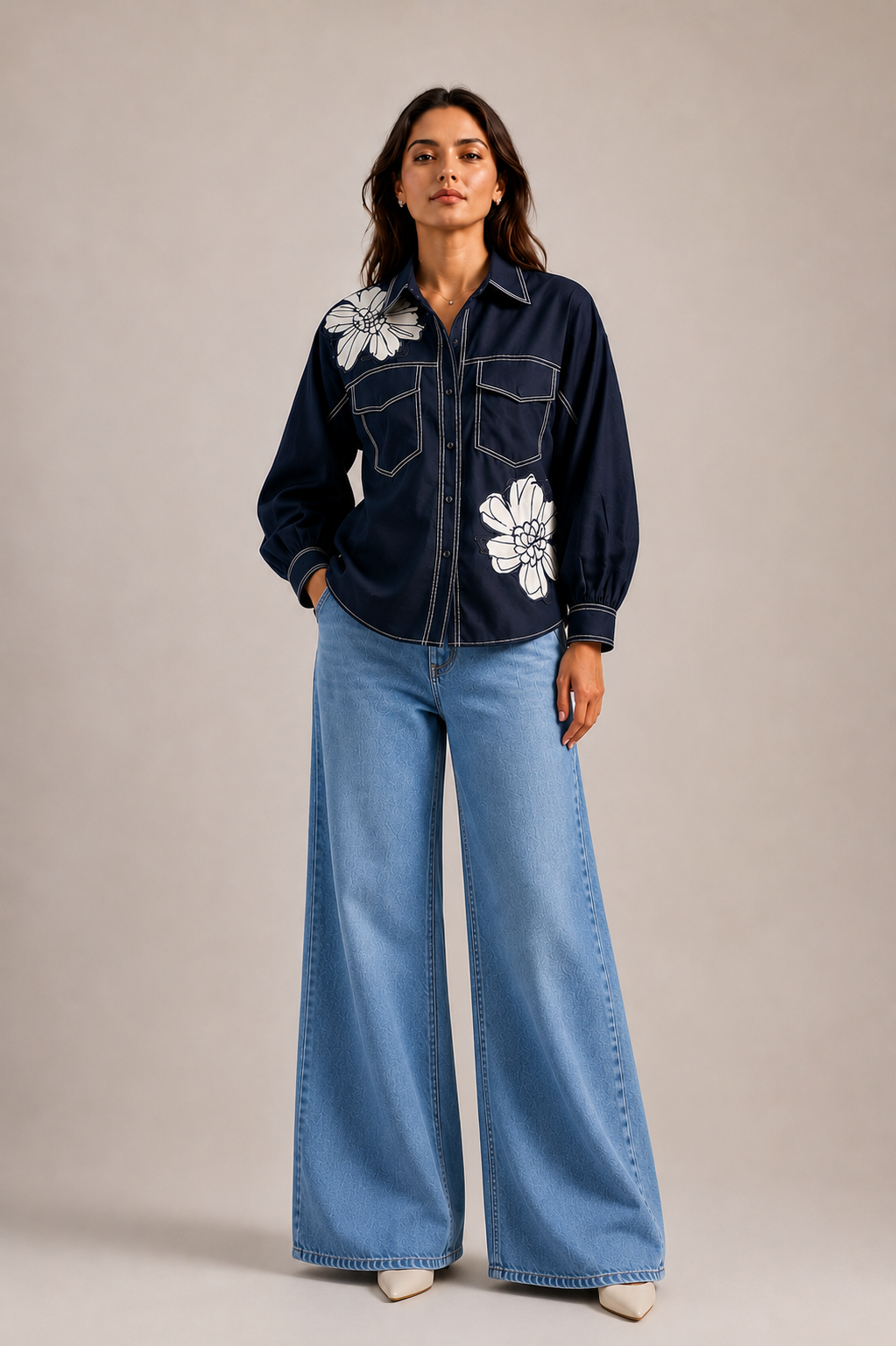 Navy Leather Flower Designer Cotton Shirt in navy blue featuring handcrafted leather floral patches with embroidery.
