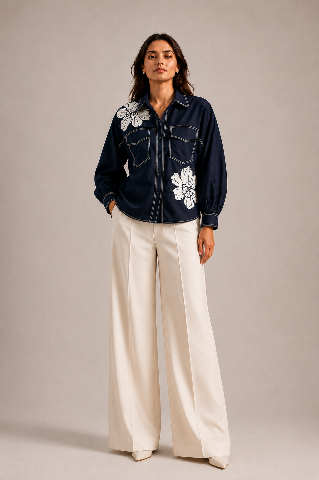 Navy Leather Flower Designer Cotton Shirt in navy blue featuring handcrafted leather floral patches with embroidery.